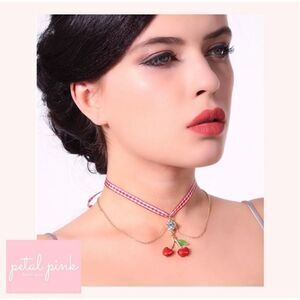 🍒High-End Enamel and Crystal Pendant Choker w Layered Chain and Gingham Ribbon